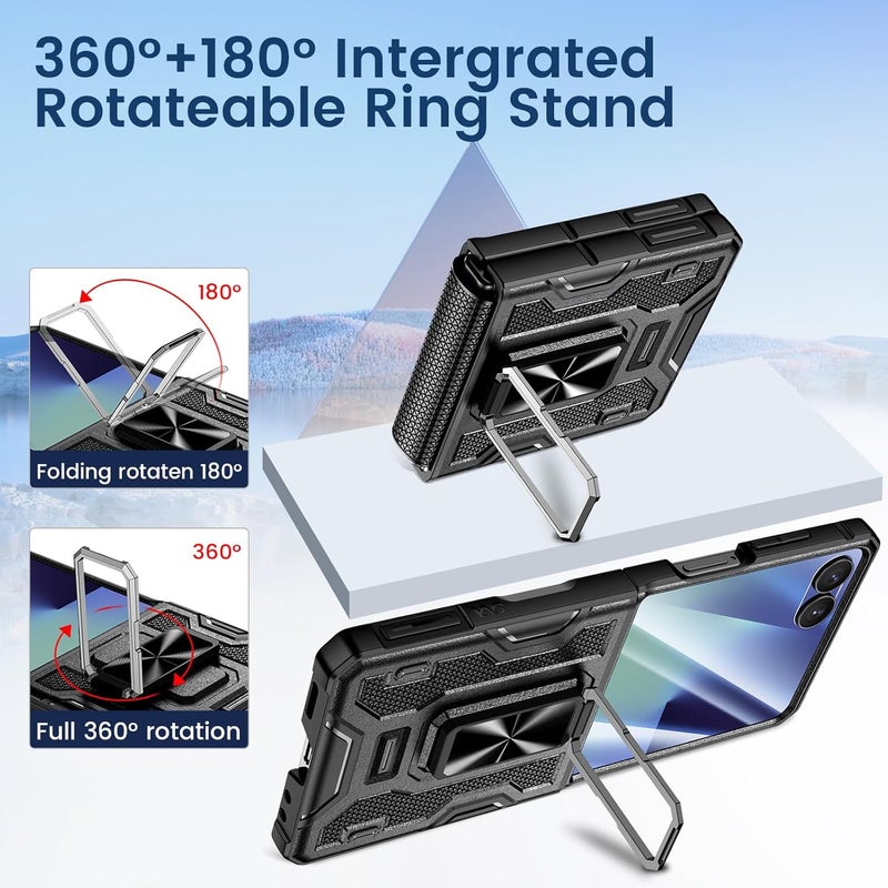 Vego for Galaxy Z Flip 7 Case, 360° Rotatable Ring Kickstand & Belt Clip Holster & Tempered Glass Camera Screen Protector & Hinge Protection, Shockproof Case for Samsung Flip 7 5G - Black - Image 3